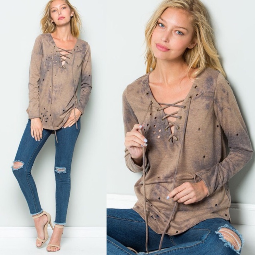 BUY ME🤗Lace Up Distressed Hi-Low Top NWT
